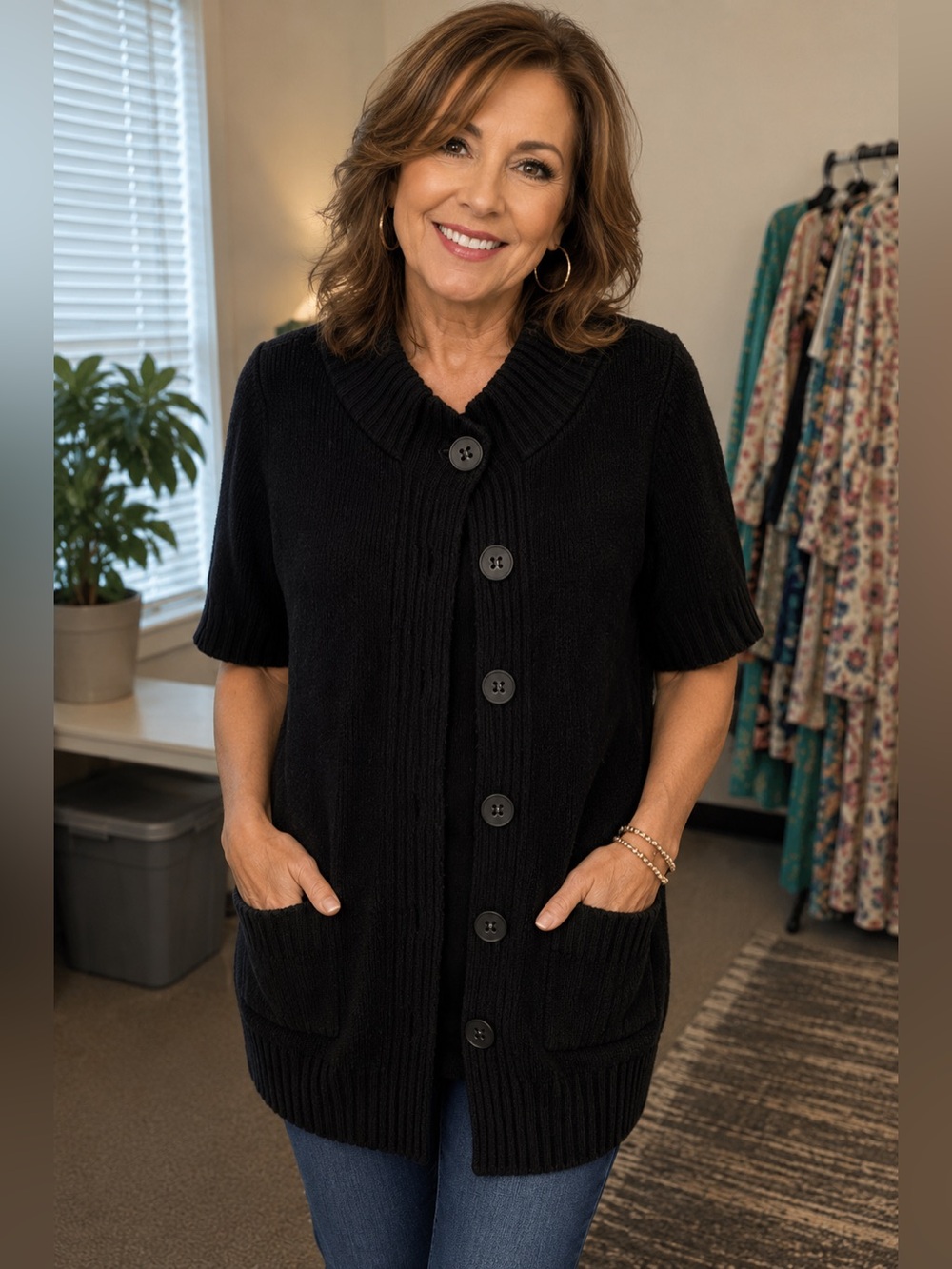 White House Black Market Black Short-Sleeve Button-Up Cardigan